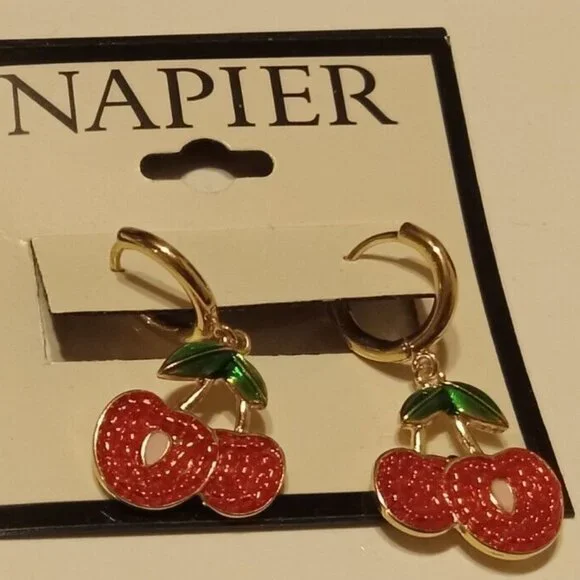 NAPIER Retro Gold Cherry & Stem Red/Green Enamel Hoop Drop Earrings**NEW! - Picture 3 of 3